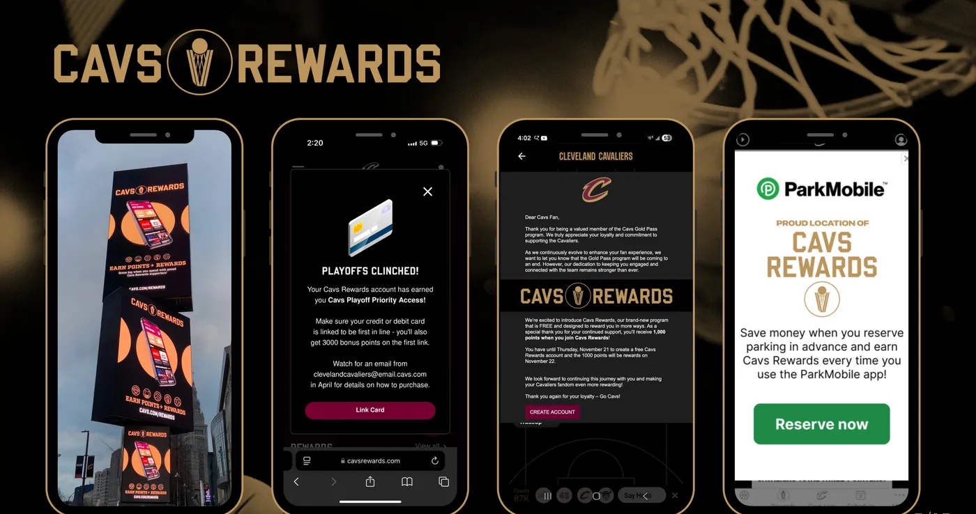 Cavs Rewards touchpoints: digital billboards, card-linking prompt, email launch and a ParkMobile partner offer